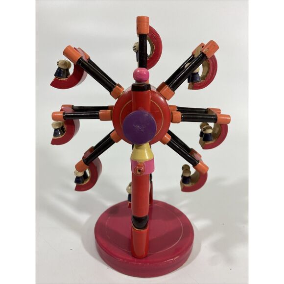 Vintage OOAK Wood Toy Ferris Wheel Hand Crank Japan? Swining Cars w/ people 8.5” - Picture 2 of 6